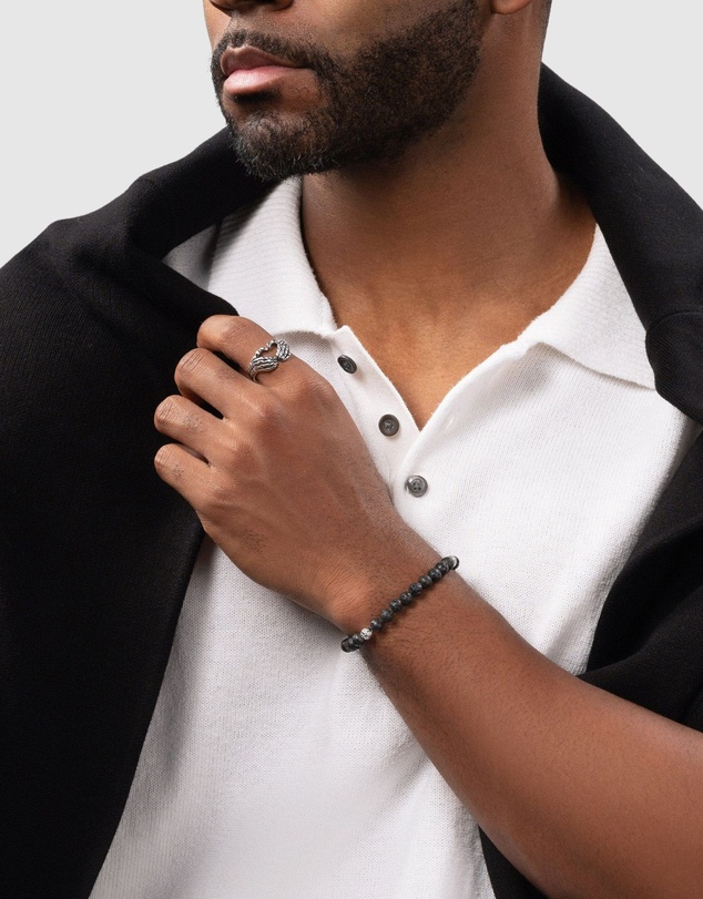 Nialaya Jewellery - 6mm Lava Stone Bracelet with Silver Balls