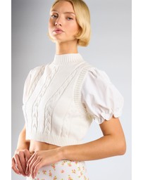 Glamorous - Contrast Puff Sleeves Cropped Knitted Top