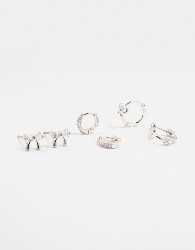 Lovisa - Silver Cubic Zirconia Bow Stud & Hoop Earrings 3-Pack