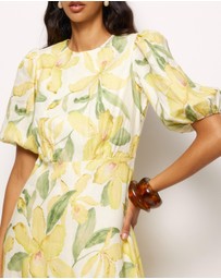 AERE - Clea Linen Puff Sleeve Midi Dress