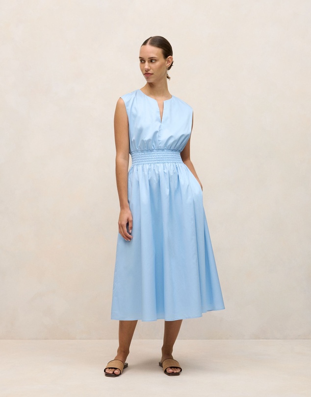 Trenery - Cotton Sateen Shirred Waist Dress in Blue Marble