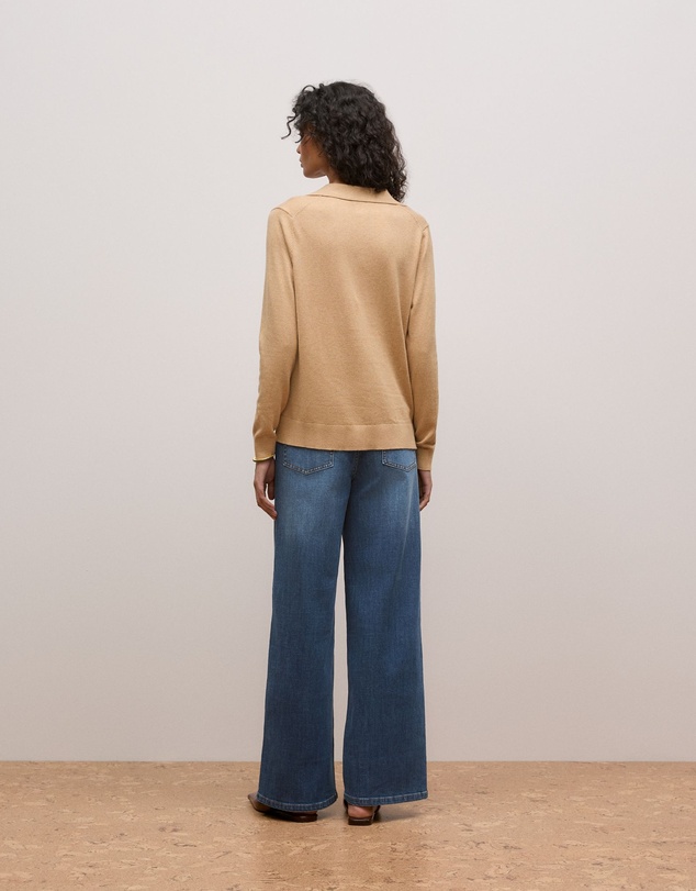 Trenery - Cotton Cashmere Long Sleeve Polo in Camel