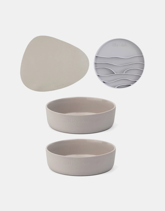 Lilly + Dash - Dog Eat and Drink Set – 2 Bowls + Lick Insert + Slate Placemat Set