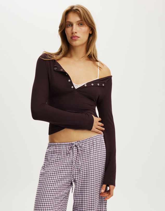Cotton On Body - Super Soft Boat Neck Henley Long Sleeve Top