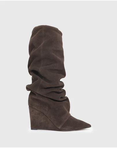 Betts - Lisbon Suede Leather Ruched Wedge Knee Boots