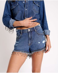 ONE TEASPOON - Razzle Dazzle Truckers Mid Waist Relaxed Shorts Blue
