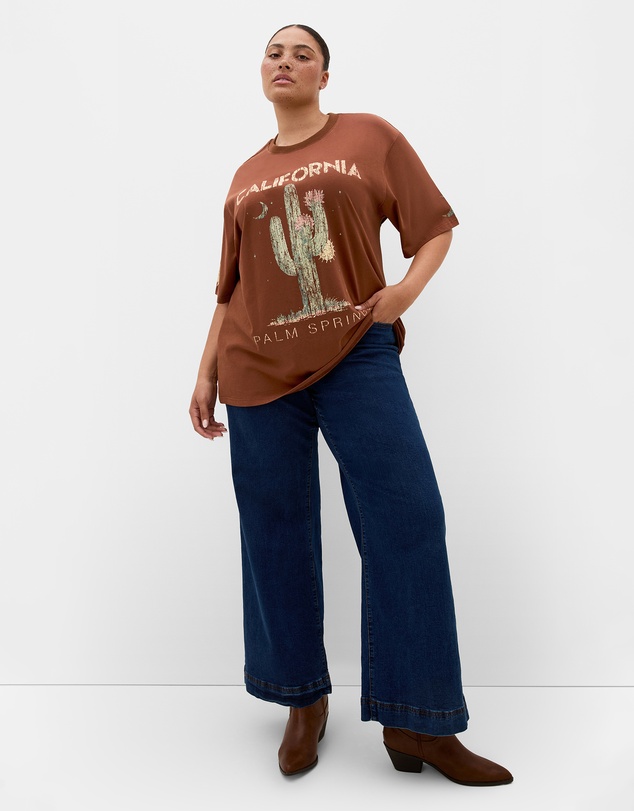 City Chic - Plus size Indigo Cactus Oversized Cotton Tee - tobacco