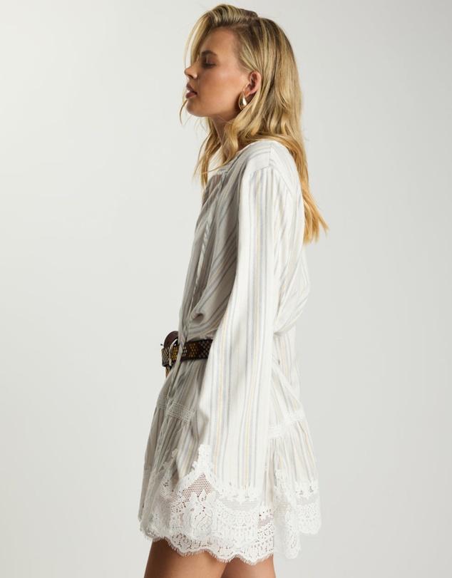 ONE TEASPOON - Moonlight Prairie Lace Longsleeve Mini Dress - White Stripe