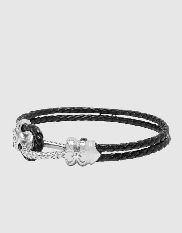 Nialaya Jewellery - Black Leather Bracelet with Silver Rope Clasp