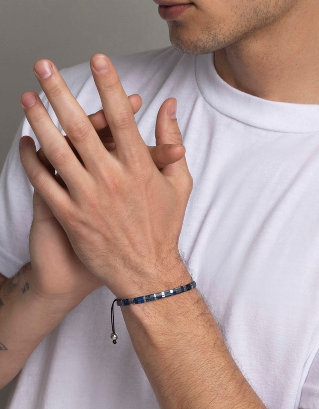 Nialaya Jewellery - Men's Bracelet with Marbled Blue and Silver Miyuki Tila Beads