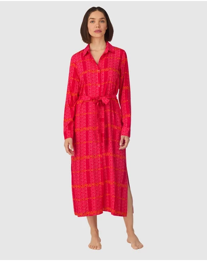 DKNY - Woven Viscose Midi Long-Sleeve Button Up Nightgown