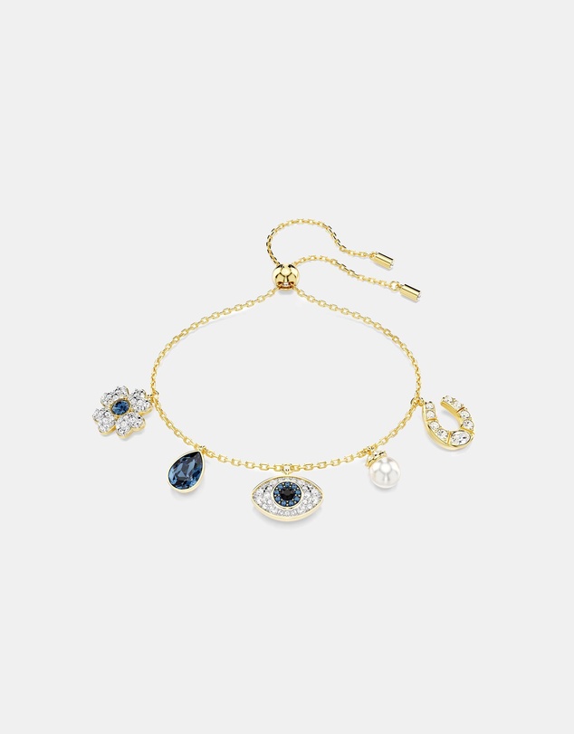 Swarovski - Symbolica bracelet, Crystal pearl, Clover, evil eye and horseshoe, Blue, Gold-tone plated