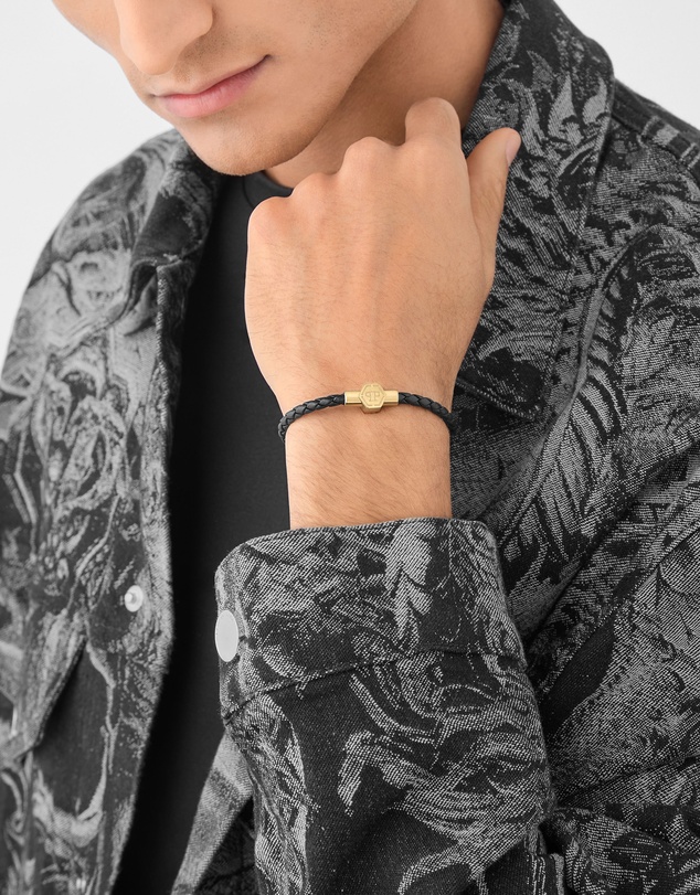 Philipp Plein - PLEIN ENIGMA IP Yellow Gold Hexagon Magnetic Black Leather Bracelet