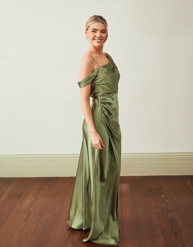Six Stories - Asymmetrical Bardot Strap Satin Bridesmaid Dress