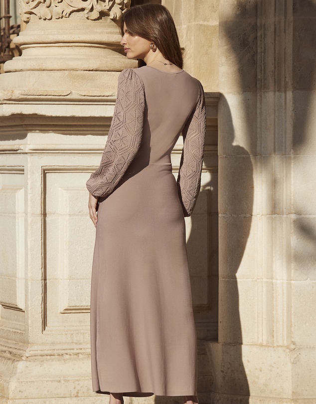Sosandar - Crochet Sleeve Fit & Flare Knitted Maxi Dress