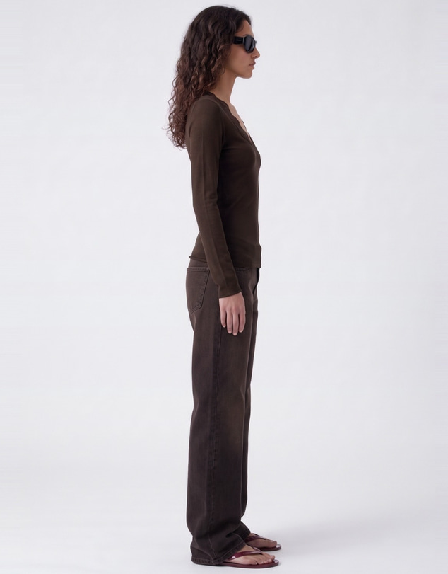 Style Addict - Lia Lace Trim Long Sleeve Top - Chocolate