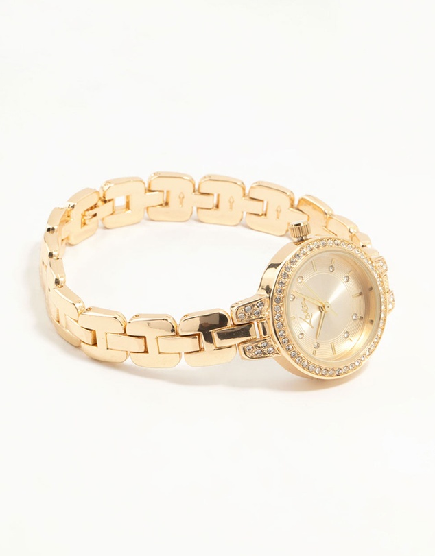 Lovisa - Gold Small Diamante Round Strap Watch
