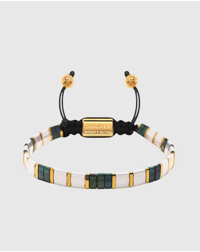 Nialaya Jewellery - Women's Bracelet with White, Patina Green and Gold Miyuki Tila Beads