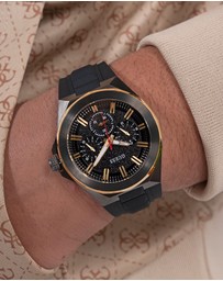 GUESS - Multifunction Gold-Tone 46mm Black Dial and Silicone Strap Men's Watch