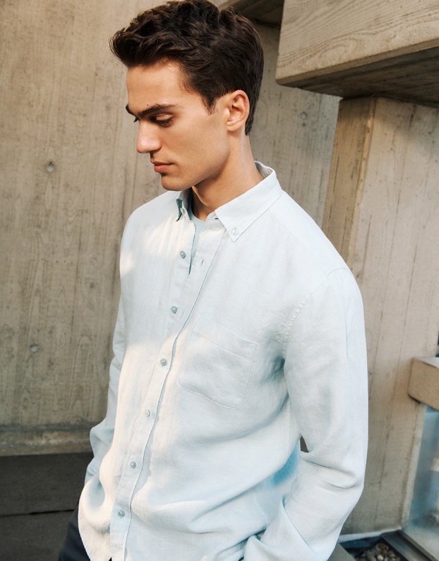 Trenery - Regular Fit Linen End On End Shirt in Duck Egg Blue