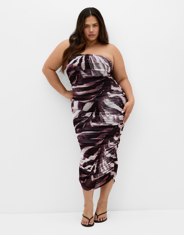 City Chic - Plus size Halo Strapless Ruched Print Dress - dark chocolate