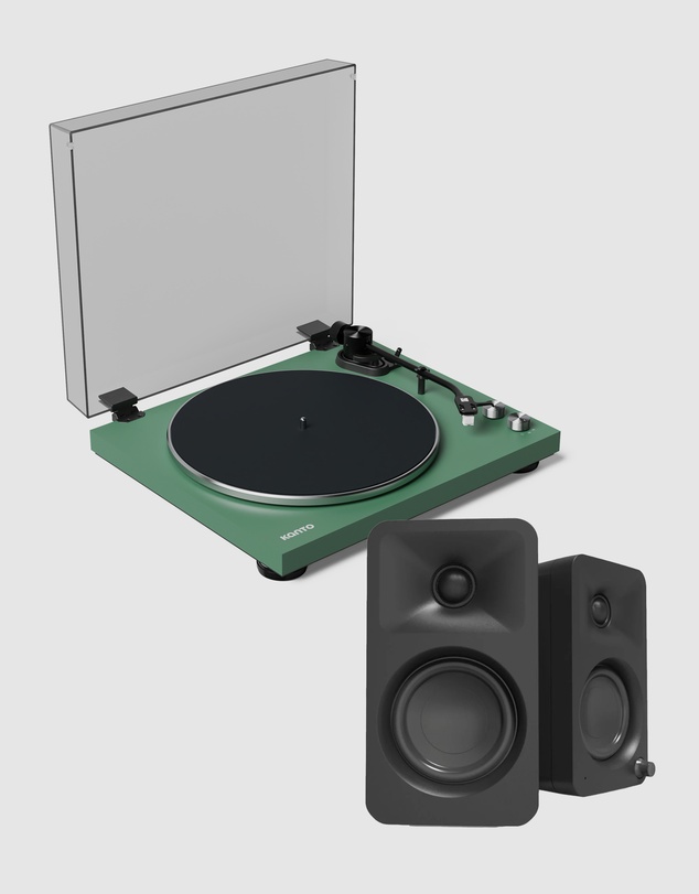iWorld - Kanto OBI3 Turntable - Matte Green with Kanto ORA 100W Powered Speakers - Black Bundle