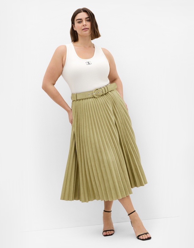 City Chic - Plus size Sueded Pleat Midi Skirt - sage