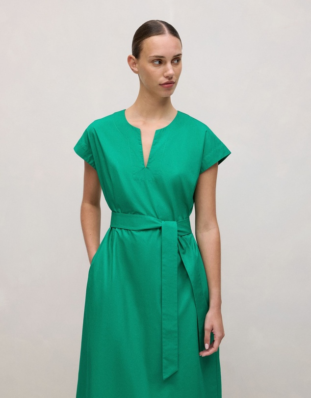 Trenery - Cotton Poplin Cap Sleeve Belted Dress in True Green