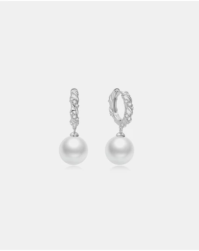 Ania Haie - Silver Shell Pearl Dangling Twisted Huggie Hoop Earrings