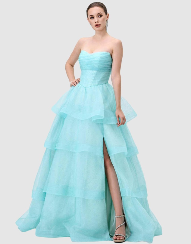 Bariano - Mint Tiff Strapless Tiered Ball Gown