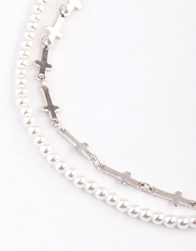 Lovisa - Silver Multi Cross Pearl Choker Pack