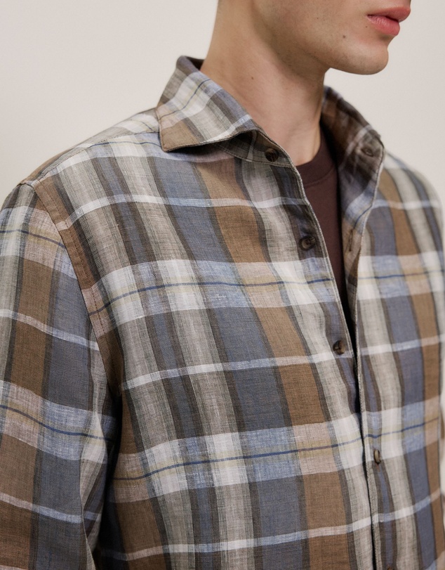 Trenery - Tailored Fit Delave Linen Check Shirt in Cocoa