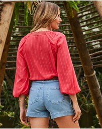 Sosandar - Metallic Blouson Sleeve Lace Up Blouse