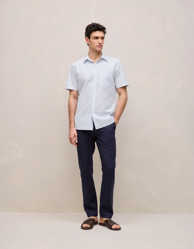 Trenery - Regular Fit Seersucker Stripe Pocket Shirt in Ice Blue