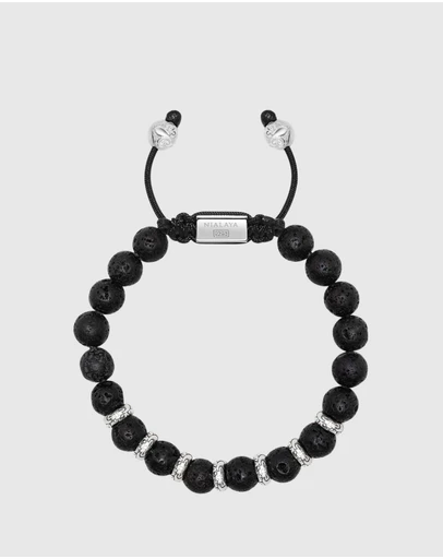 Nialaya Jewellery - Men's Sterling Silver Beaded Bracelet with Lava Stone