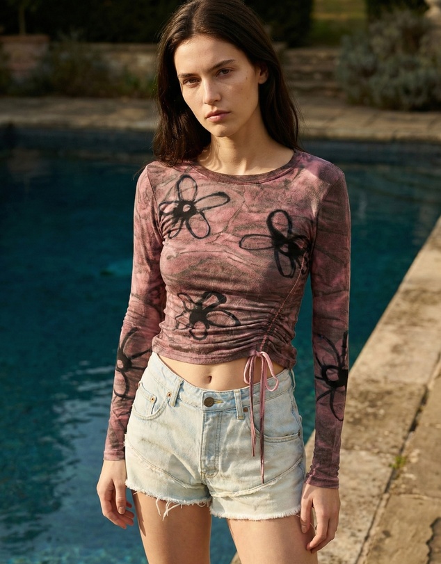 THE TALES - Hand Sprayed Flower Bamboo Ruched Top