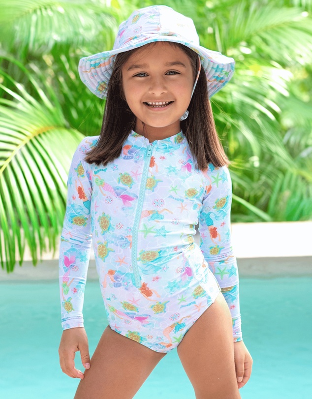 Bluesalt Beachwear - Hamilton Island Long Sleeve one piece swimsuit and matching Beach Swim Hat