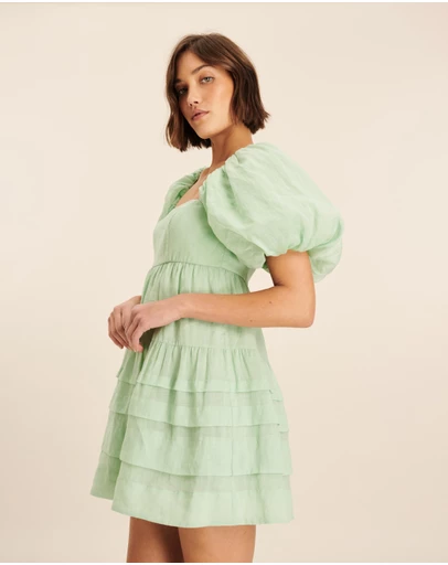 AERE - Puff Sleeve Pleated Hem Mini Dress