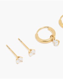 Lovisa - Waterproof Gold Plated Stainless Steel Cubic Zirconia Hoop & Stud Earrings 3-Pack