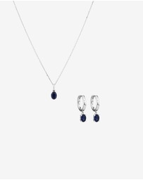 Michael Hill - Oval Cut Blue Created Sapphire Gemstone Hoop Earrings and Pendant Necklace Set in Sterling Silver