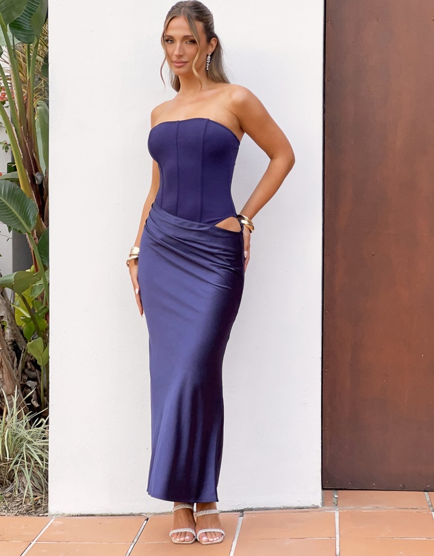 Beginning Boutique - Payge Navy Satin Skirt Maxi Dress