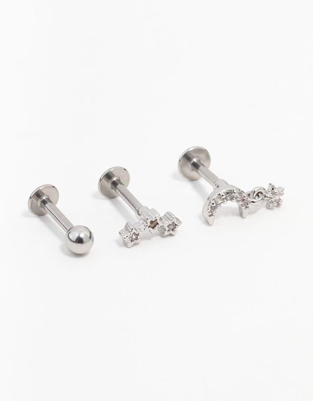 Lovisa - Surgical Steel Cubic Zirconia Star & Moon Flat Back 3-Pack