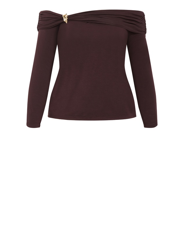 City Chic - Plus size Buckle Detail Top - chocolate