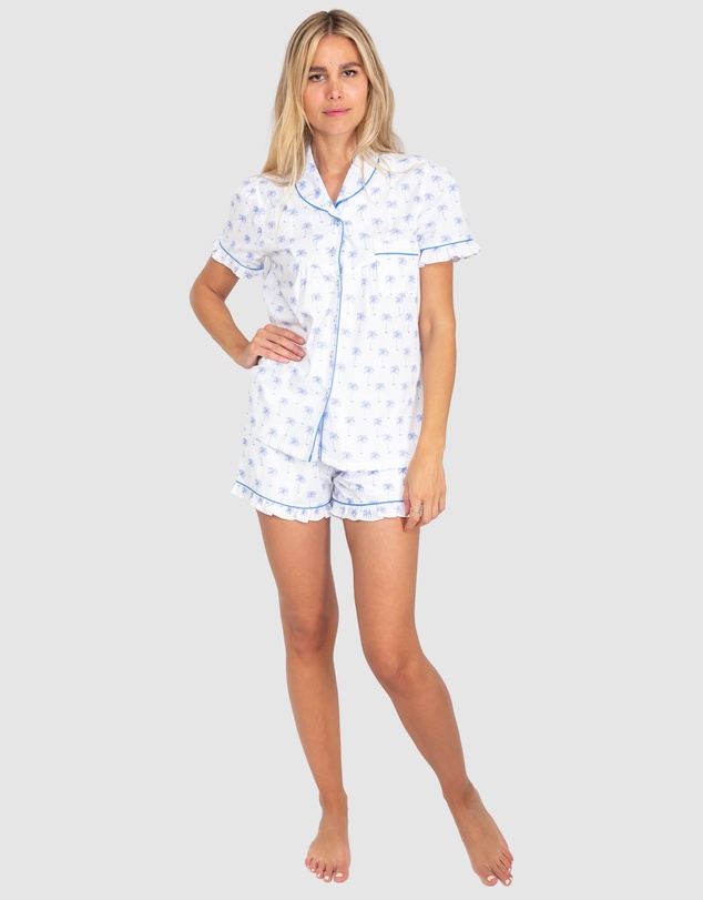 Sant And Abel - Women's Blue Palm Tree Short Sleeve Pajama Set