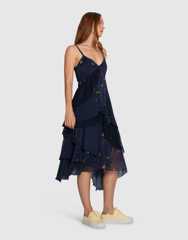 Belle & Bloom - Charmed Floral Print Ruffle Midi Dress