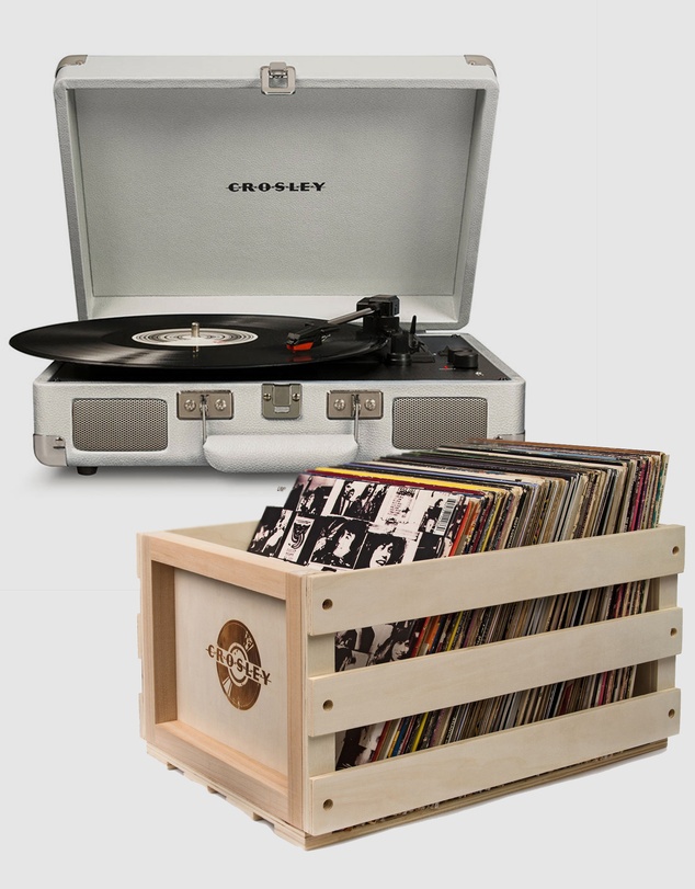 Crosley - Crosley Cruiser Bluetooth Portable Turntable - White Sands + Bundled Crosley Record Storage Crate