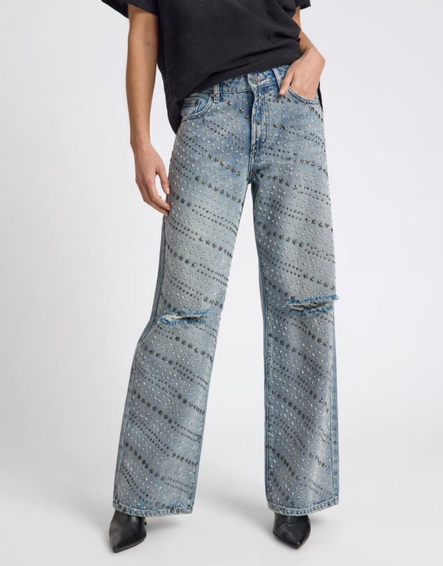 ONE TEASPOON - 25th Anniversary Limited Edition Jackson Mid Waist Wide Leg Studded Denim Jeans - Salty Dog