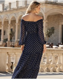 Sosandar - Metallic Spot Tiered Hem Bardot Maxi Dress