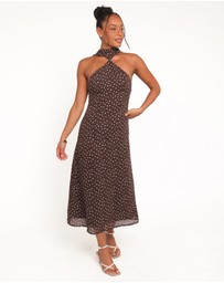 Petal & Pup - Elva Halterneck Midi Dress - Brown Polka Dot
