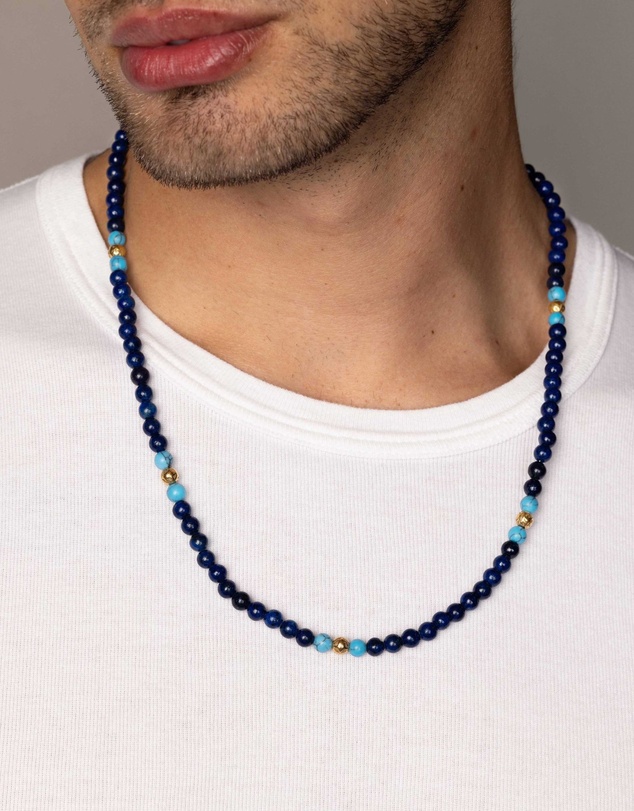 Nialaya Jewellery - Beaded Necklace with Blue Lapis, Turquoise, and Gold